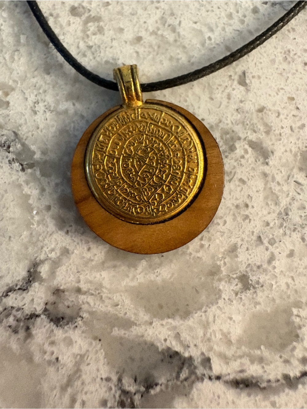 Greek Phaistos Gold-Tone Medallion on Wooden Disc Necklace - Women's Jewelry